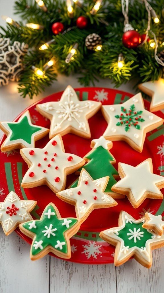 Decorated Christmas sugar cookies in festive shapes on a holiday plate with lights and pine.